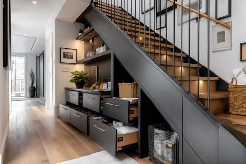 Placard sous escalier droit : optimiser 80 cm de profondeur avec tiroirs et penderies
